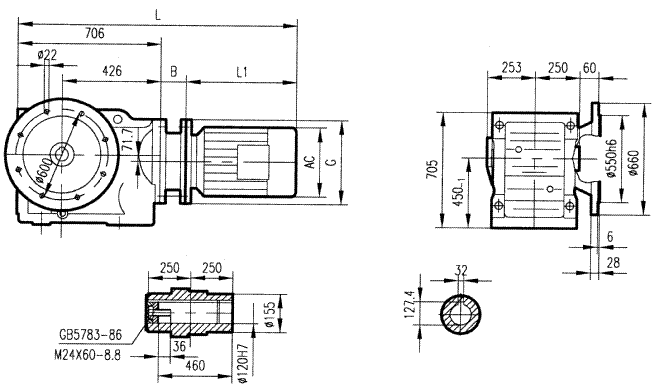 GKA157型斜齒輪弧齒錐齒輪減速電機安裝結(jié)構(gòu)圖尺寸