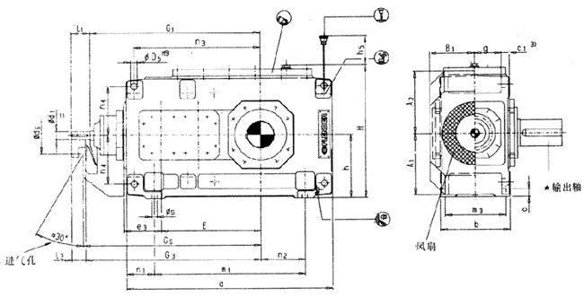 直交軸齒輪箱三級傳動臥式安裝(B3.H)