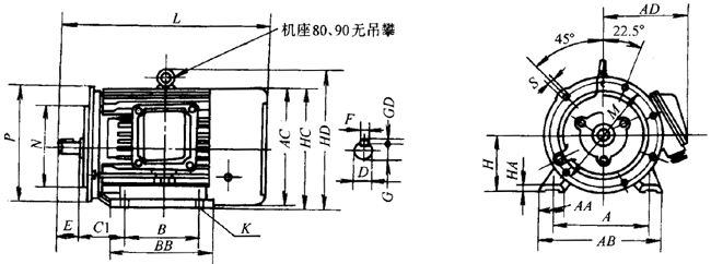 YEJ系列電磁制動(dòng)三相異步電動(dòng)機(jī)外形尺寸(H80~225mm)